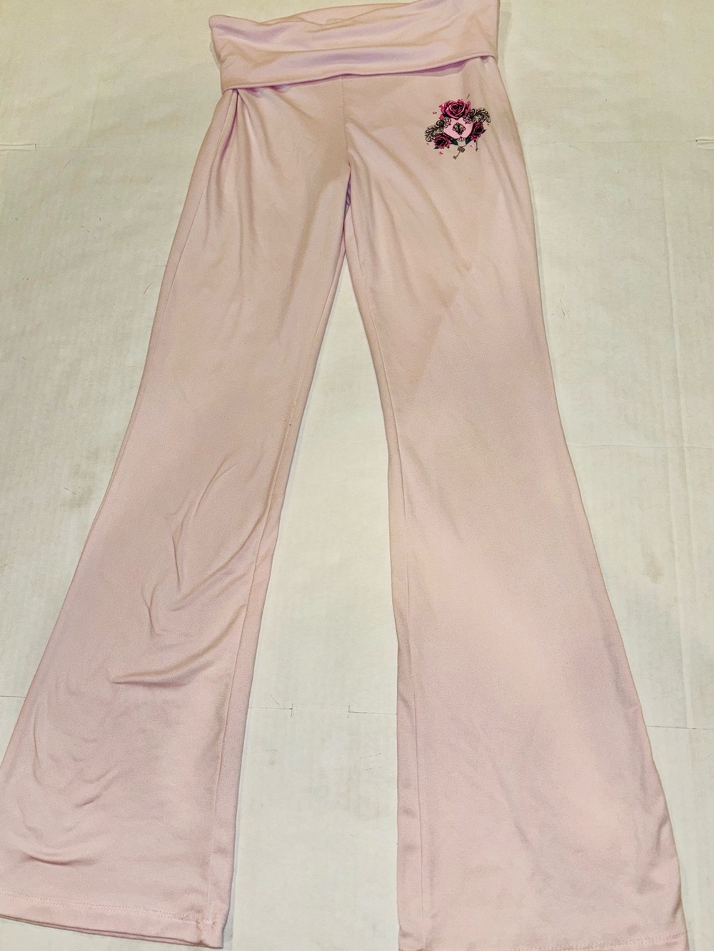 Arden B Light Pink Fold-Over Waist Flare Pants with Floral Patch